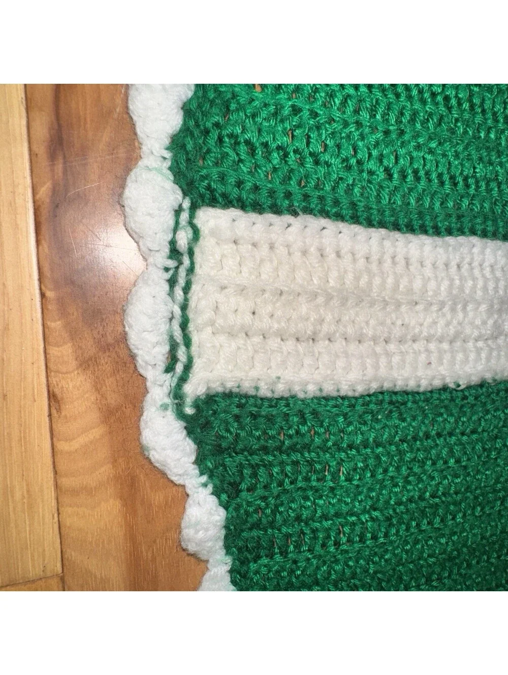 Vtg Handmade Crochet Afghan Blanket Green Mint White Striped Throw 60x42